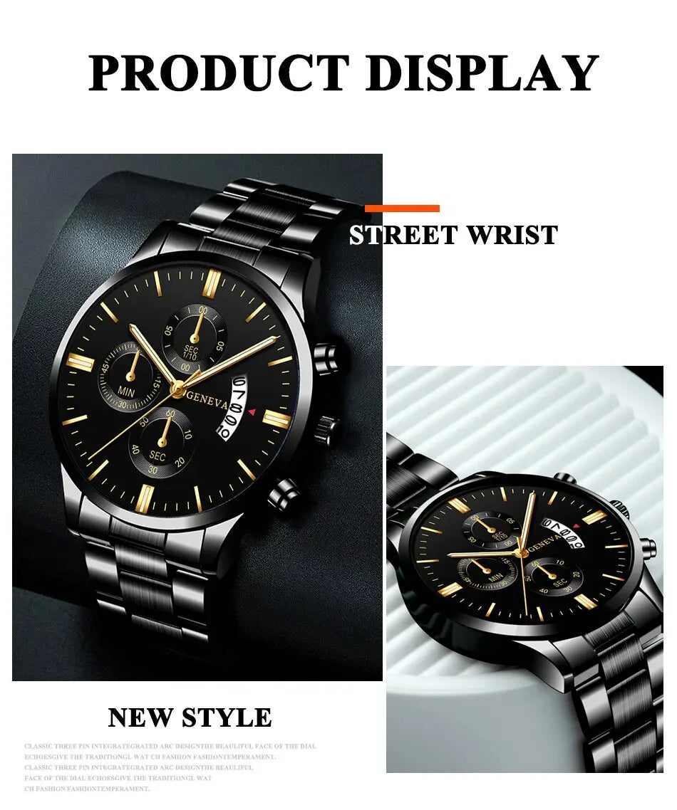 Fashion Men Black Stainless Steel Watch Luxury Calendar Quartz Wrist Watch Mens Business Watches for Man Clock Relogio Masculino