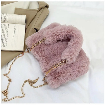 Fashion Women Fluffy Shoulder Bag – Winter Chain Underarm Bag with Soft Plush Handle