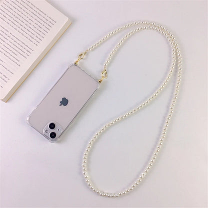 Lyxigt koreanskt Crossbody Pearl Chain telefonfodral med transparent skal och rem för iPhone