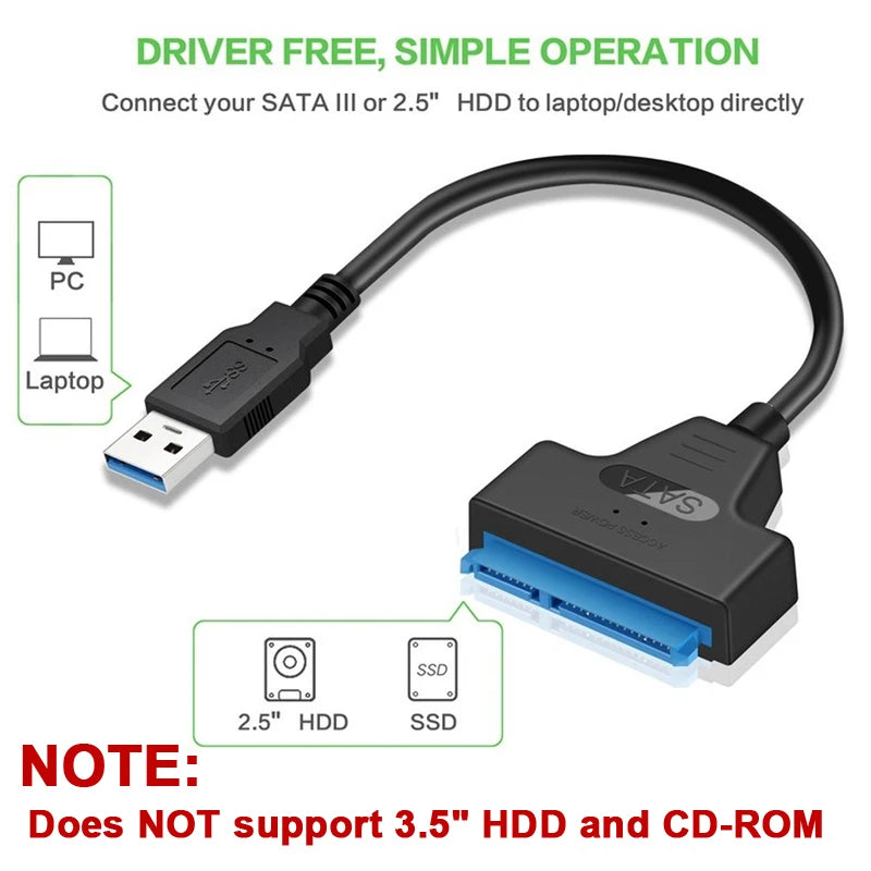 SATA till USB 3.0 / 2.0-kabel Upp till 6 Gbps för 2,5 tums extern hårddisk SSD-hårddisk SATA 3 22-stiftsadapter USB 3.0 till Sata III-sladd