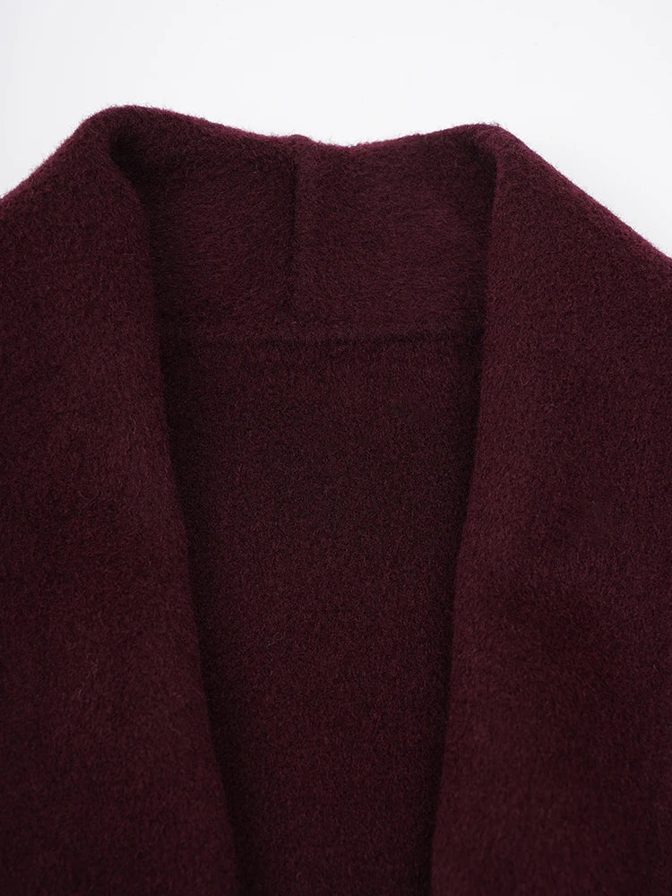 Wine Red Woolen Coat with Fur Cuffs and Belted Design