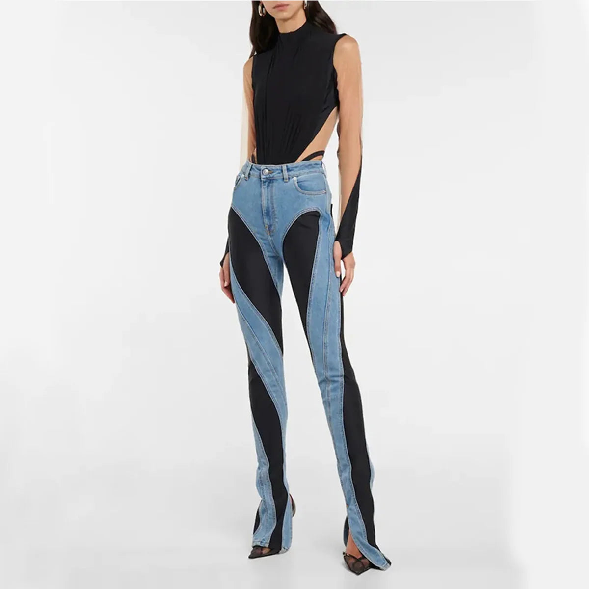 DEAT Mode damjeans Slim Deconstruct Panel Patchwork Hög midja Split Blå Långa jeansbyxor våren 2025 Nyhet 1DF2575