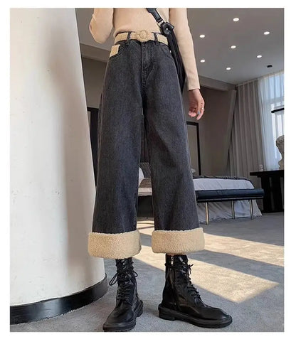 Lamb Wool Wide Leg Jeans for Women Fluffy Autumn and Winter New Styles Internet Famous Outfit Cropped Straight Leg Pants Trendy