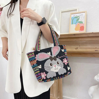 Animal Ethnic Style Handbag Trendy Peacock Embroidery Elephant Handbag Rabbit Canvas Women Shoulder Bags Women