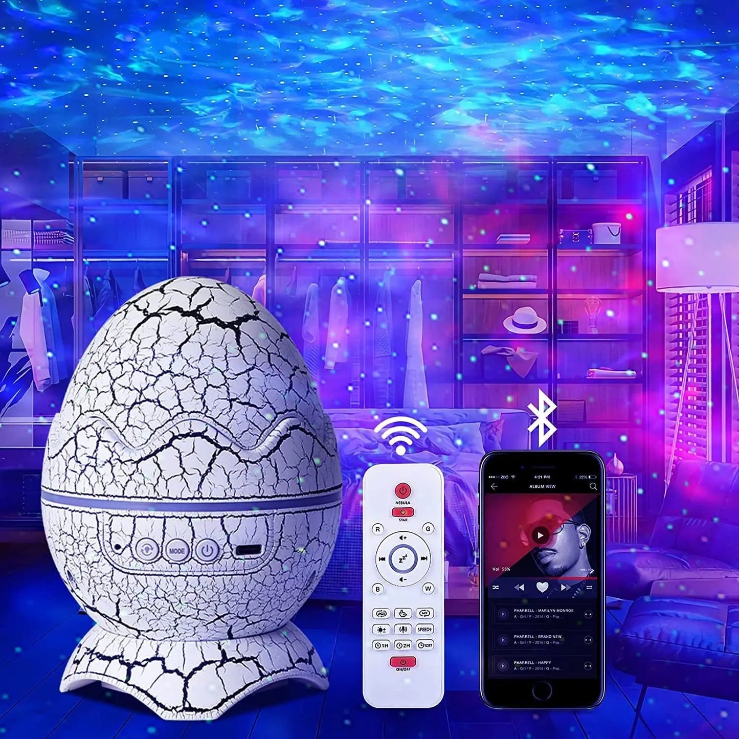 Dinosaur Egg Galaxy Projector – Space Buddy Star Projector Night Light, Astronaut Projector for Kids & Adults, Bluetooth Speaker