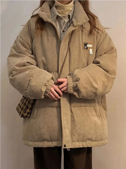 Oversized Corduroy Puffer Coat with Pockets Warm and Retro Y2K Style