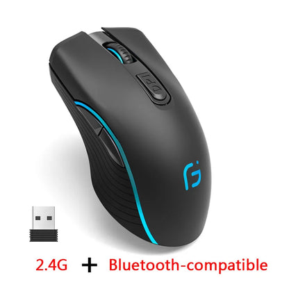 Uppladdningsbar datormus Dual Mode Bluetooth+2,4Ghz trådlös USB-mus 2400DPI Optisk spelmus Gamermöss för PC Laptop