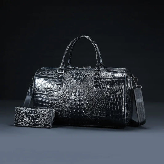 Leather Travel Bag: Genuine Cow, Alligator, Large Capacity