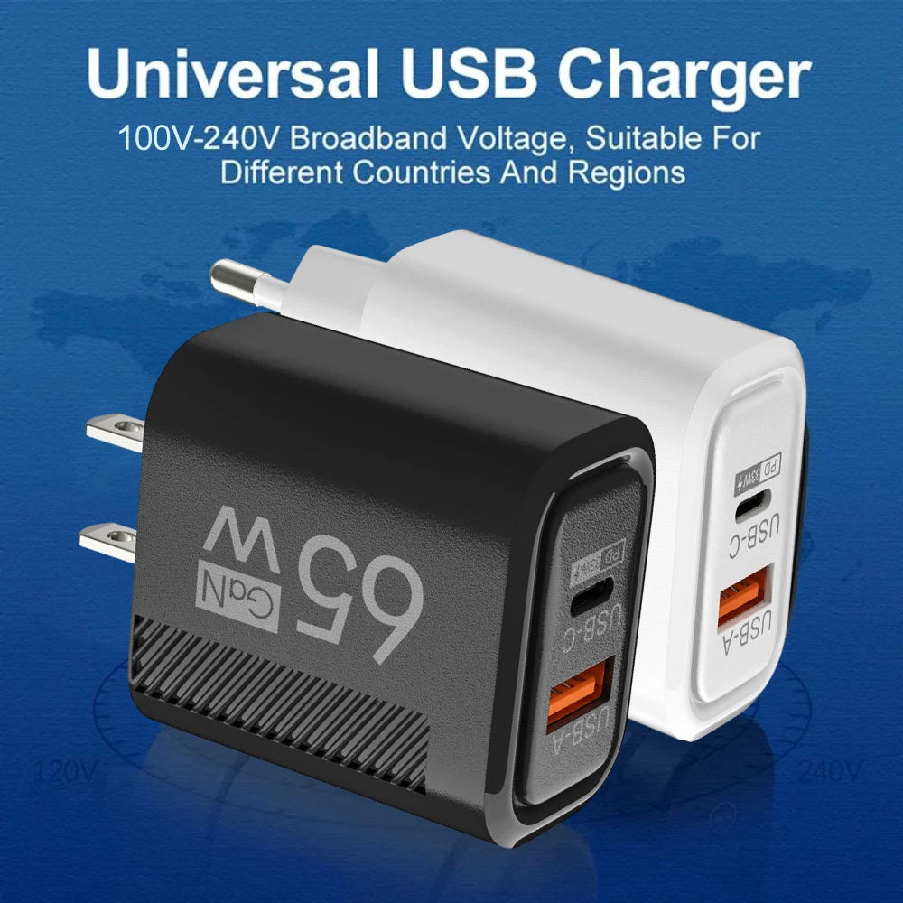 65W GaN USB C Charger Fast Charging Wall Charger For iPhone/Xiaomi/Samsung PD Type C Phone Adapter EU/US Plug