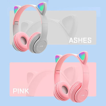 Cute Cat Ear Headphones with RGB LED Light Wireless Headset Kids Girls Stereo Phone Music Bluetooth Headset PC Gamer Gift