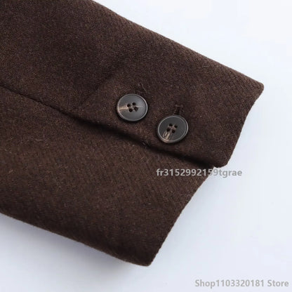 Women's Brown Long Coat in Wool Blend with Long Sleeves