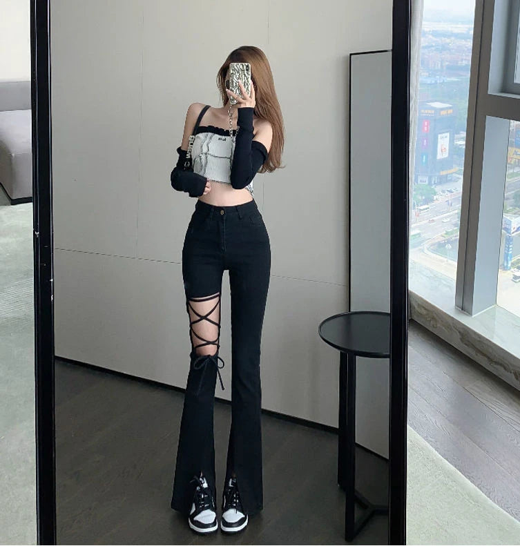 Flared Pants for Women Leggings Skinny Ripped Sexy Vintage Denim Women's Summer Trousers Bell Bottom Jeans Woman Black Trend Hot