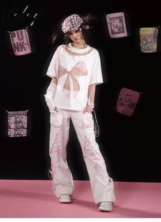 Y2K Low Waist White Jeans with Bandage Detail and Baggy Fit