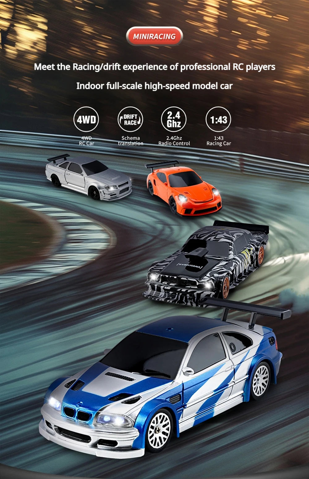 2.4G High speed Drift Rc Car 1/43 4WD Remote Control Car Four Wheel Drive Radio Controlled Mini GTR Racing Model Boy Toy Gift