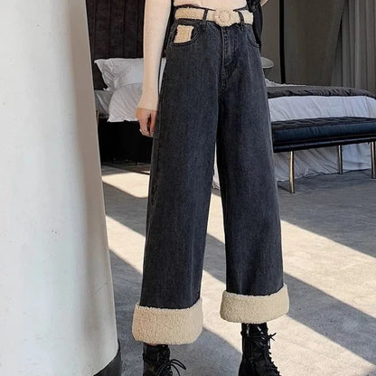 Lamb Wool Wide Leg Jeans for Women Fluffy Autumn and Winter New Styles Internet Famous Outfit Cropped Straight Leg Pants Trendy