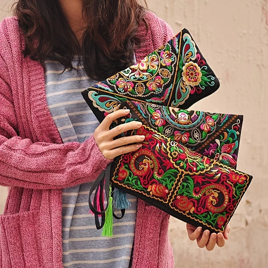 Vintage Ethnic Style Embroidered Wallet – Long Wristlet Clutch Bag with Floral Fabric Design and Phone Pocket