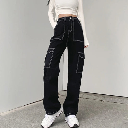 Baggy Black Wide Leg Jeans with Patchwork Pockets and Streetwear Style