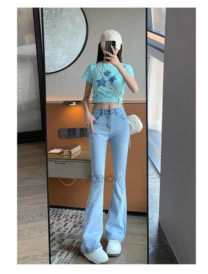 ZOENOVA Harajuku Street Casual Simple Solid Color Women's Jeans 2024 New Fashion Lady High Waist Slim VersatileMicro Flare Pants