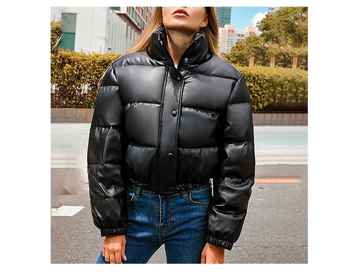 Women's Black PU Leather Cropped Puffer Jacket with Zipper