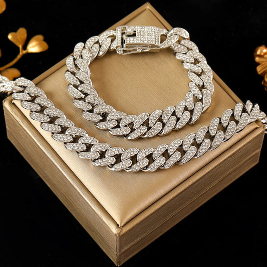 EILIECK Thick Cuban Zirconia Chain Necklace Bracelet Set For Women New Punk 18K Gold Plated Waterproof Jewelry Party Gift Bijoux