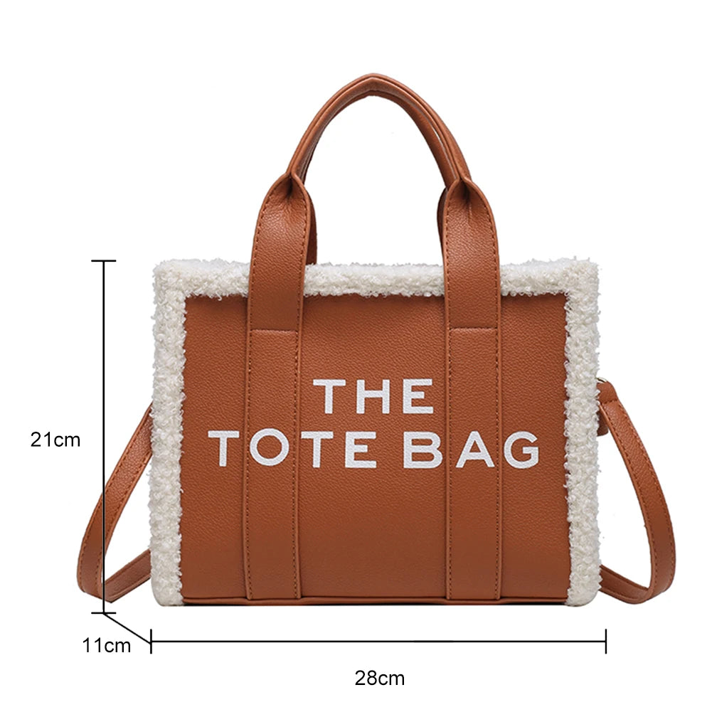 Winter Soft Lamb Wool Stitching Top-Handle Bags PU Leather Fashion Small Crossbody Bags Letter Print Ladies Square The Tote Bags