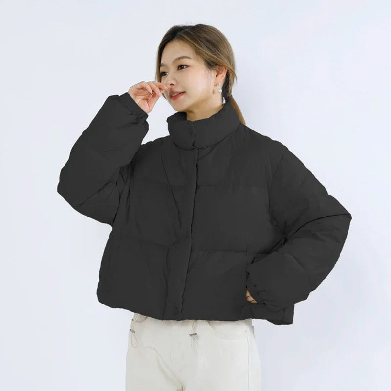 Women's Cotton Padded Jacket with Mock Neck and Pockets