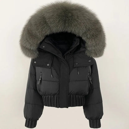 Short Hooded Down Coat with Real Raccoon Fox Fur Collar Warm and Casual