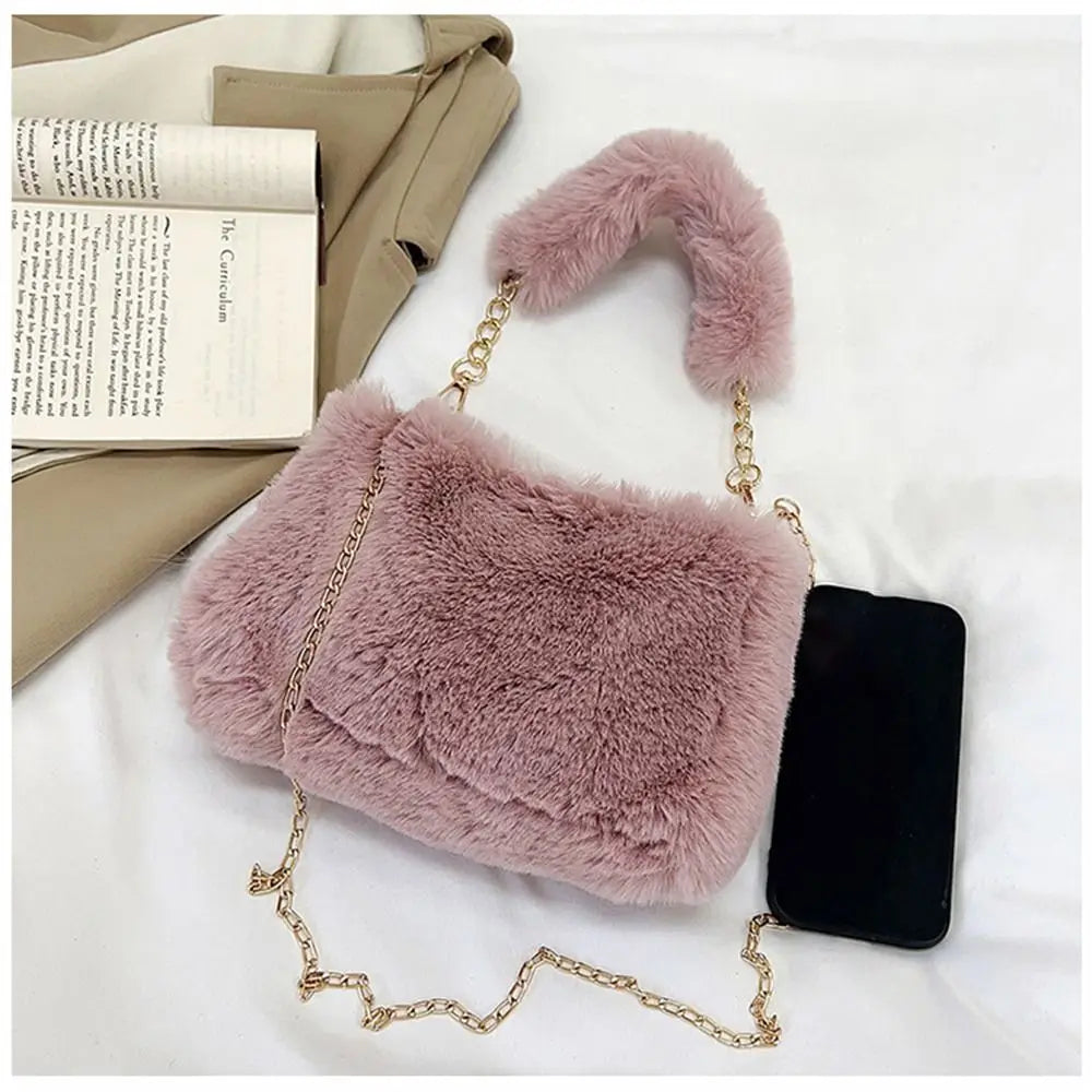 Fashion Women Fluffy Shoulder Bag – Winter Chain Underarm Bag with Soft Plush Handle