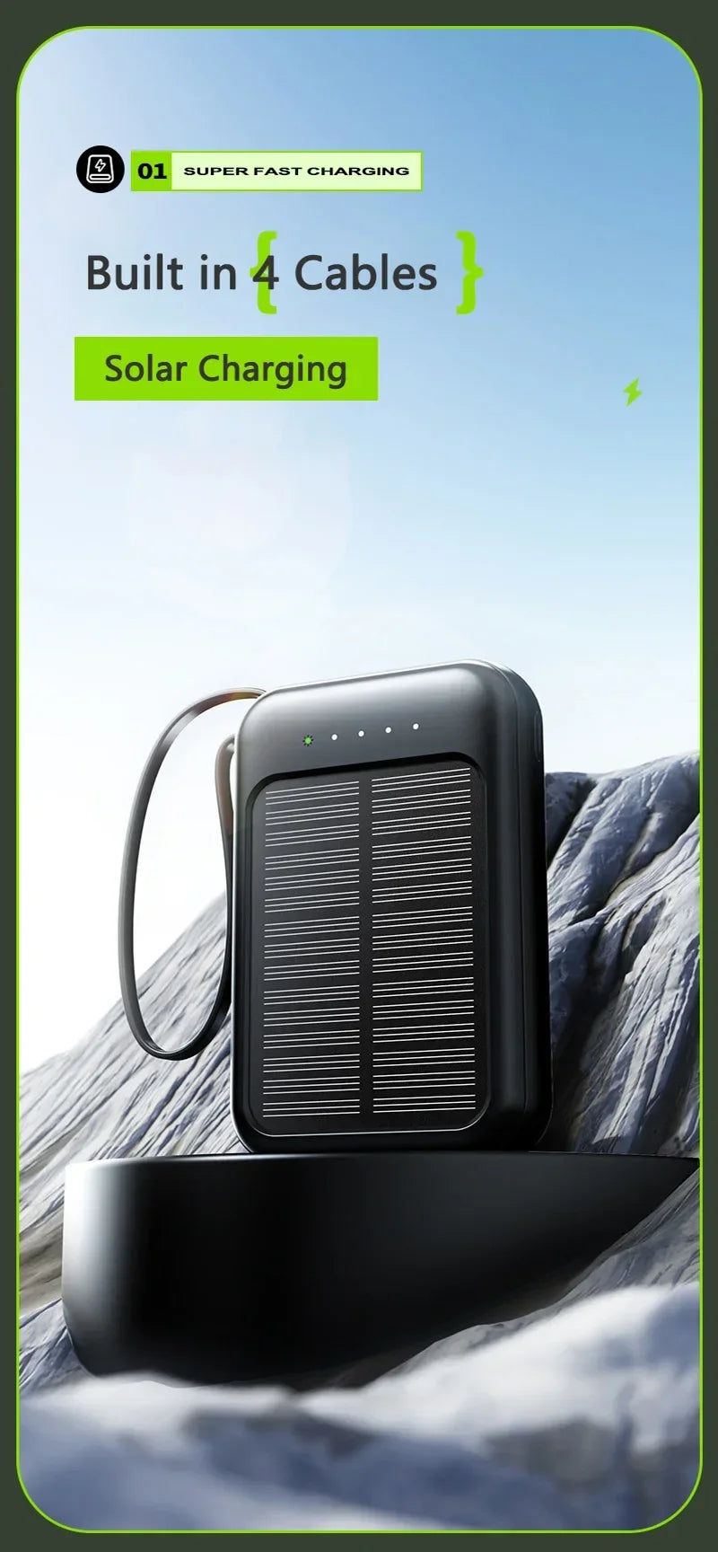 5000/10000/20000mAh solenergibank med hög kapacitet med inbyggda kablar och LED-ljus