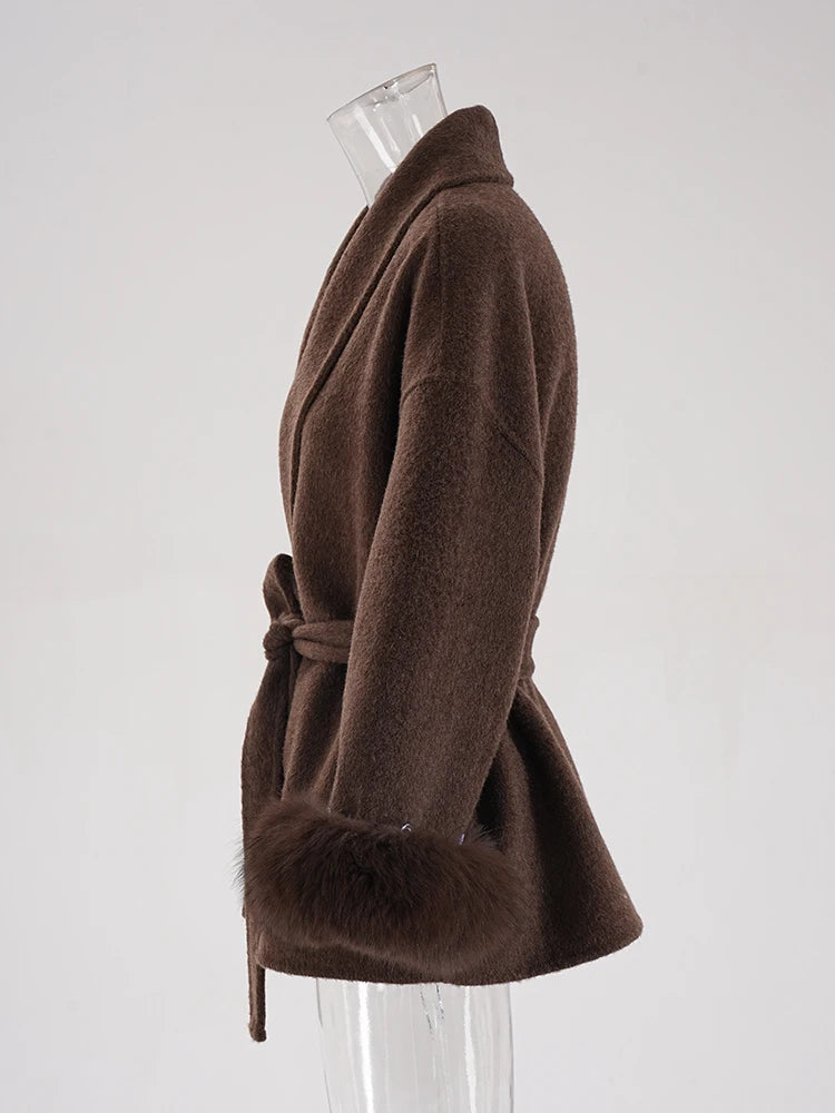 Wine Red Woolen Coat with Fur Cuffs and Belted Design