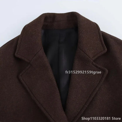 Women's Brown Long Coat in Wool Blend with Long Sleeves