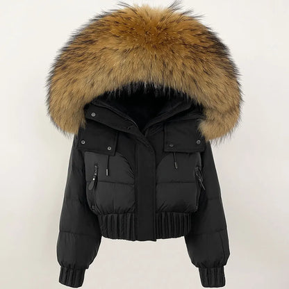 Short Hooded Down Coat with Real Raccoon Fox Fur Collar Warm and Casual