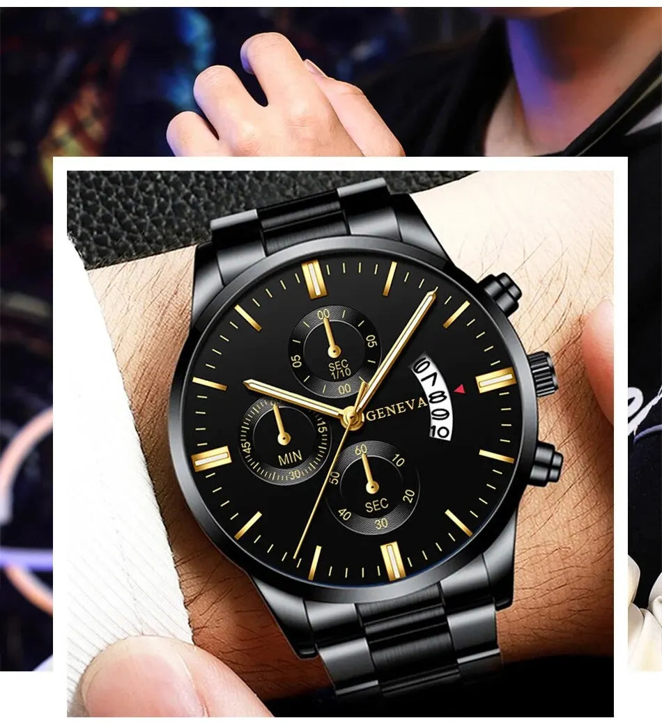 Fashion Men Black Stainless Steel Watch Luxury Calendar Quartz Wrist Watch Mens Business Watches for Man Clock Relogio Masculino