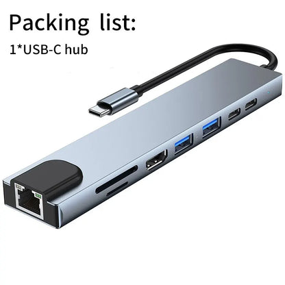 Usb 8 In 1 Type C 3 1 To 4k HdTV Hub Adapter With Sd Tf Rj45 Card Reader Pd Fast Charge For Macbook Notebook Computer