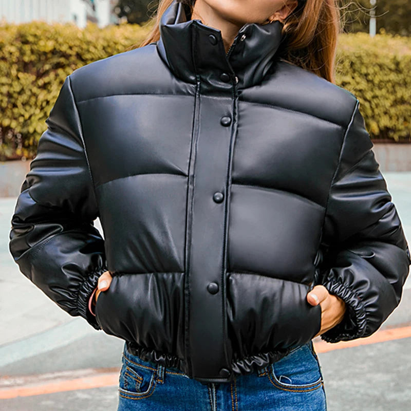 Women's Black PU Leather Cropped Puffer Jacket with Zipper