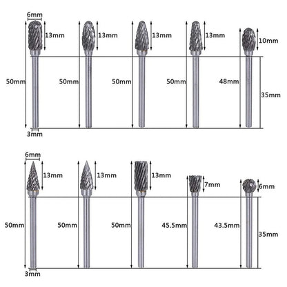 10 PCs 1/8" Shank Tungsten Carbide Milling Cutter Rotary Tool Burr Double Diamond Cut Rotary Dremel Tools Electric Grinding