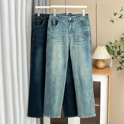 High Waist Straight Leg Jeans with Embroidery Loose and Retro Style