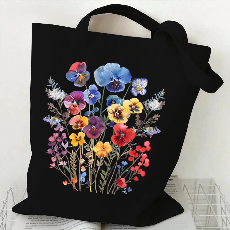 Boho Wildflowers Pattern Canvas Tote Bag – Retro Graphics Återanvändbar shoppingväska för kvinnor, snygg handväska i tyg för dagligt bruk