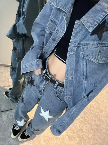 Star Print High Waist Jeans American Retro High Street Straight-leg Pants Patchwork Long Trousers Y2k Fashion Streetwear Baggy