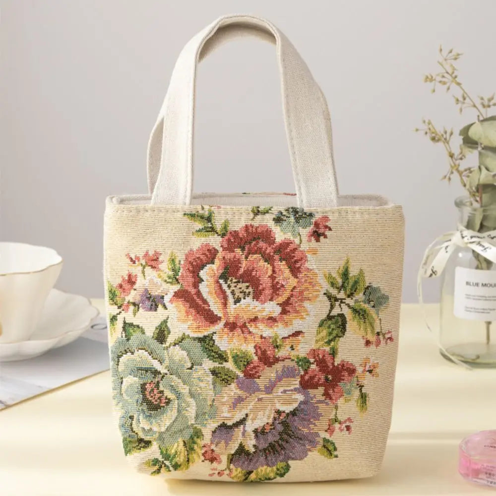 Embroidered Canvas Tote Bag – Cute Cat & Flowers Design, Fashionable Small Shoulder Bag, Traveling Pouch Handbag