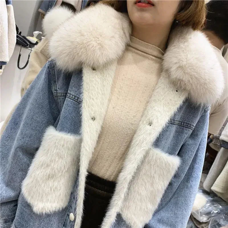 Women's Korean Style Fleece Lined Denim Jacket with Cotton Filling