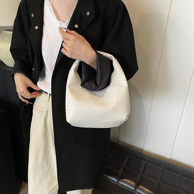 Woven Embossed Hobo Bag: Soft PU Leather, Top-handle Shoulder