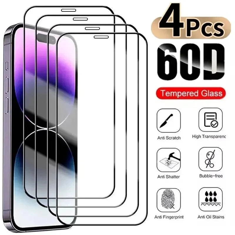 4PCS Full Cover Tempered Glass Screen Protector For iPhone 16 15 14 Pro Max Protection Glass For iPhone 13 12 11 Pro Max