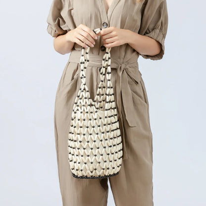 High Fashion Hollow-out Wooden Bead Woven Tote Bag / Female Shoulder Bag Reticulate Netted Canvas Handbag