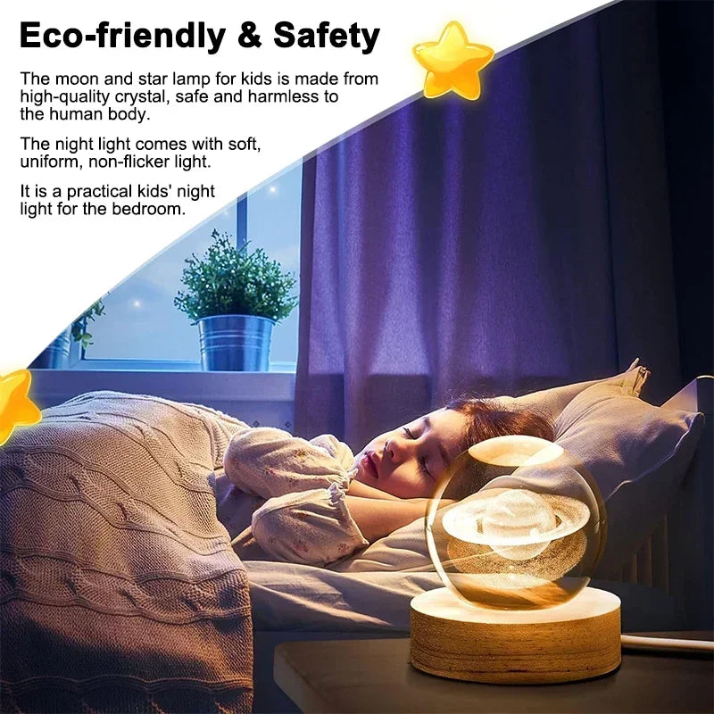 Luminous 3D Crystal Ball LED Night Light – Saturn Solar System & Moon Design, USB Bedroom Lamp, Atmosphere Light for Kids' Birthday Gift