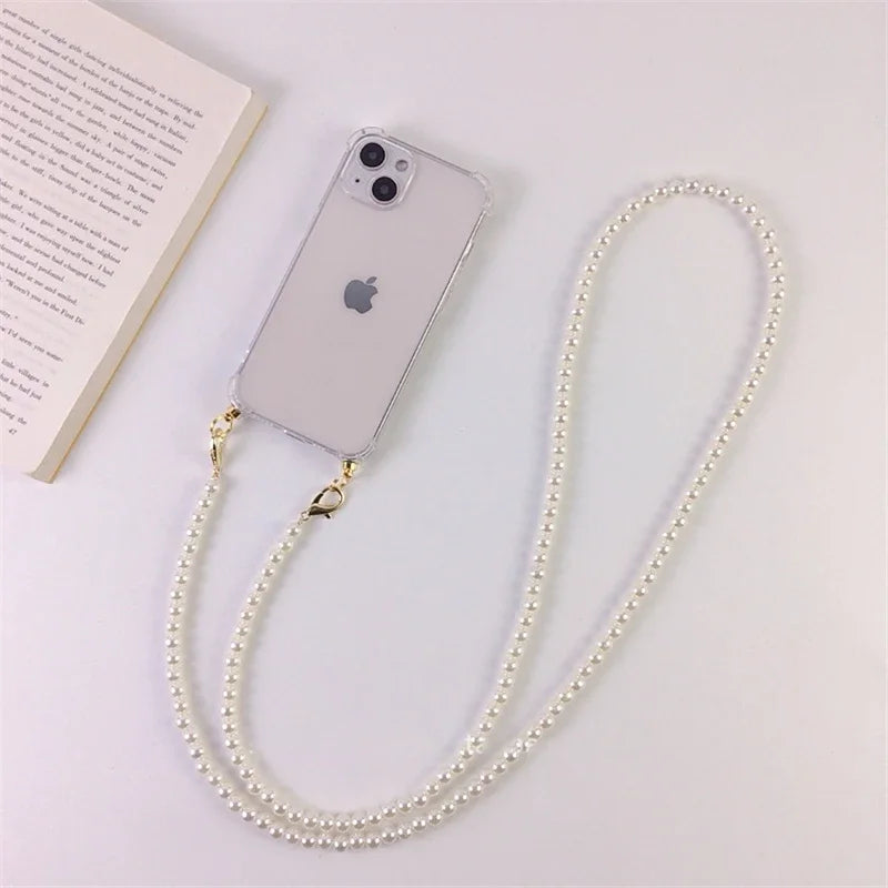 Lyxigt koreanskt Crossbody Pearl Chain telefonfodral med transparent skal och rem för iPhone