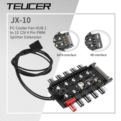 TEUCER PC Kylarfläkt HUB 1 till 10 12V 4 Pin PWM Splitter Extension Supply Socket Concentrator