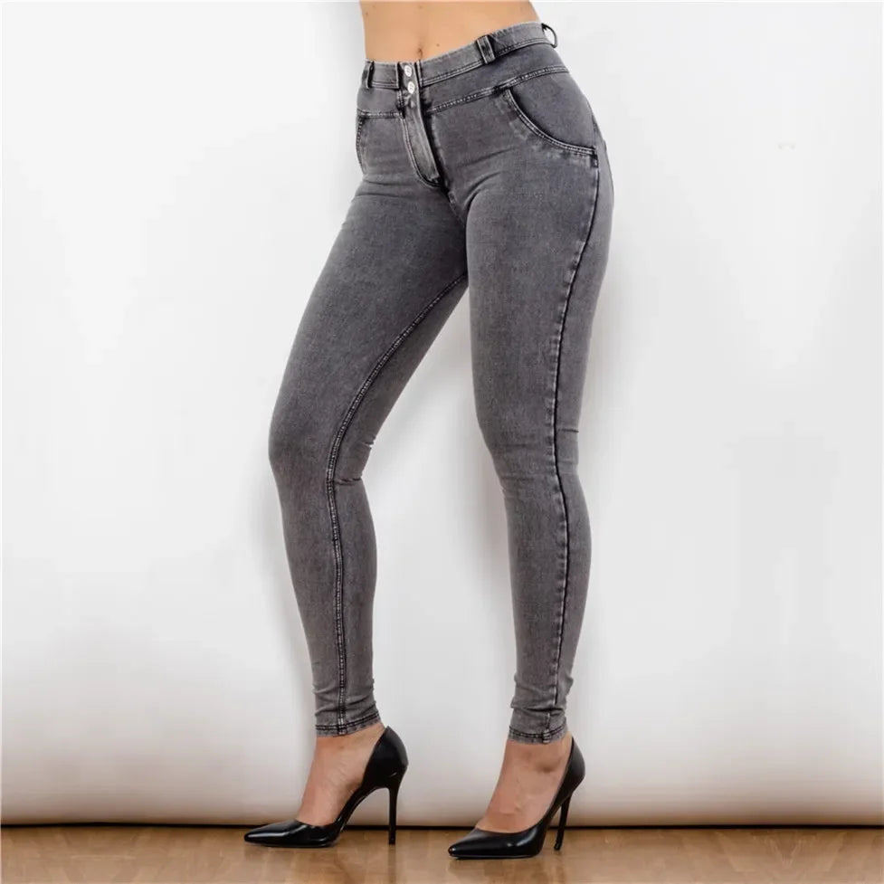 Shascullfites Melody Hög/Mellan midja jeans jeans Faux jeans Skinny Super Elastic Snow Wash blekt grå jeans Hellängd