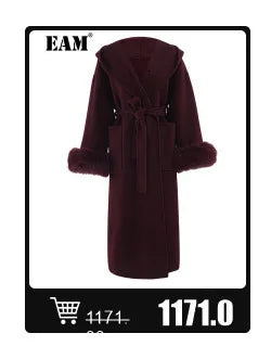 Wine Red Woolen Coat with Fur Cuffs and Belted Design