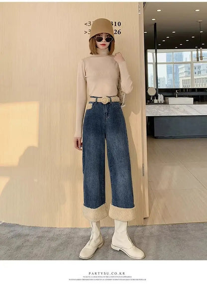 Lamb Wool Wide Leg Jeans for Women Fluffy Autumn and Winter New Styles Internet Famous Outfit Cropped Straight Leg Pants Trendy